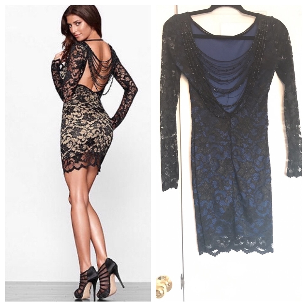 Blue lace dress with beaded back detail